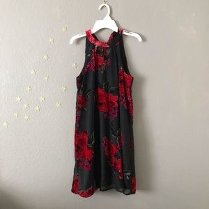 Sleeveless mock neck velvet fuzz flower print dress